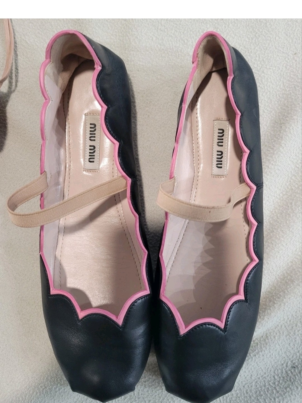 Miu Miu Black Leather Scalloped Mary Jane Ballet Flats Pink Trim Women’s 37